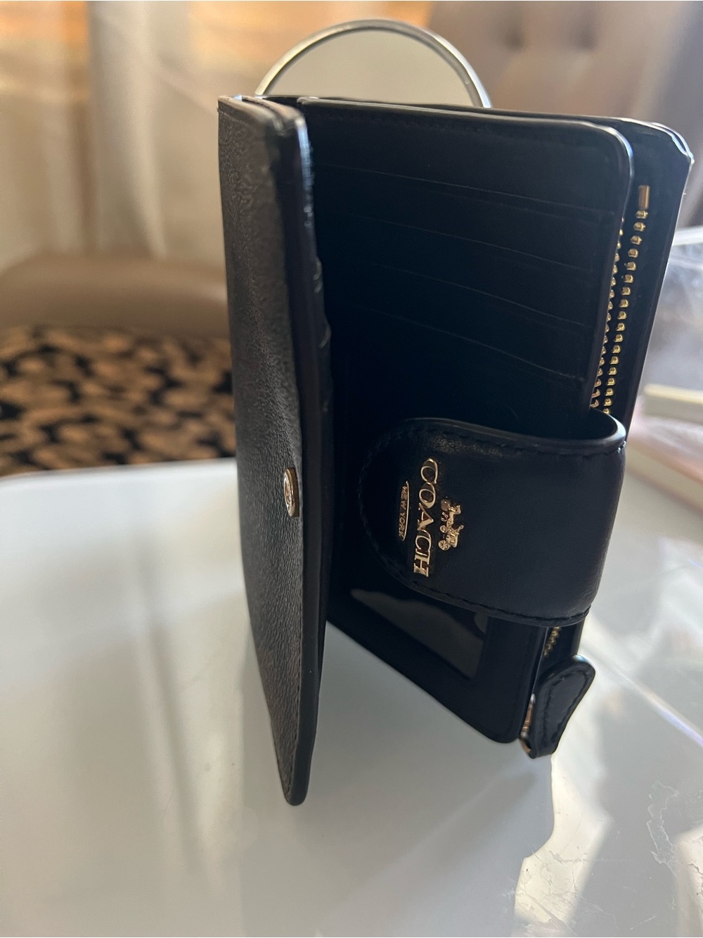 Coach Black Logo Compact Wallet with Gold Hardware - Picture 3 of 6